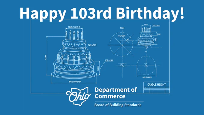 Blueprint-style illustration of a tiered cake with measurements, featuring text "Happy 103rd Birthday!" and "Ohio Department of Commerce, Board of Building Standards.