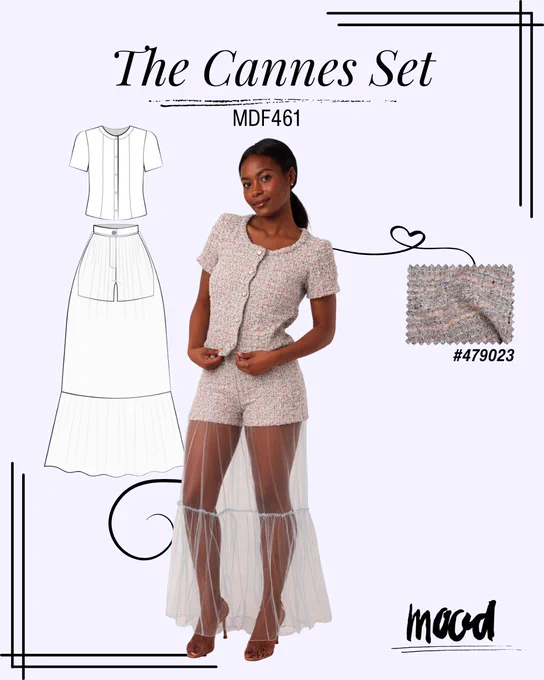Graphic for The Cannes Set MDF461 sewing pattern. A model wears a pink boucle tweed short sleeve buttoned top with matching shorts and a sheer layered tulle skirt overlay. On the left is a line drawing of the sewing pattern pieces. On the right is a swatch of pink textured tweed fabric labeled #479023. Mood logo appears at the bottom.


