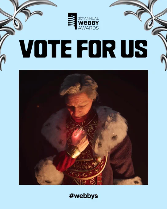 "30th Annual Webby Awards" "Vote for us!" sits above a picture of Uriel Septim clutching the amulet of kings, a key character in The Elder Scrolls IV: Oblivion.