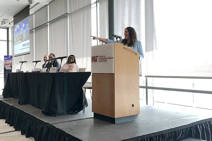 The 48th MIT Global Change Forum explored strategies that involve synergies in simultaneously addressing climate change and sustainability challenges, as well as those which involve tradeoffs. MIT CS3 Principal Research Scientist Jennifer Morris moderated Session 2: Achieving multiple socio-economic targets, featuring panelists Angelo Gurgel, Matthias Weitzel and Saritha Sudharmma Vishwanathan. (Source: MIT CS3/Jamie Bartholomay)