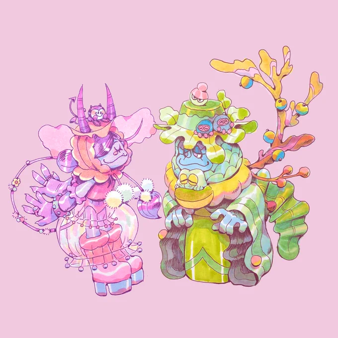 two fantastically dressed friends have a chat