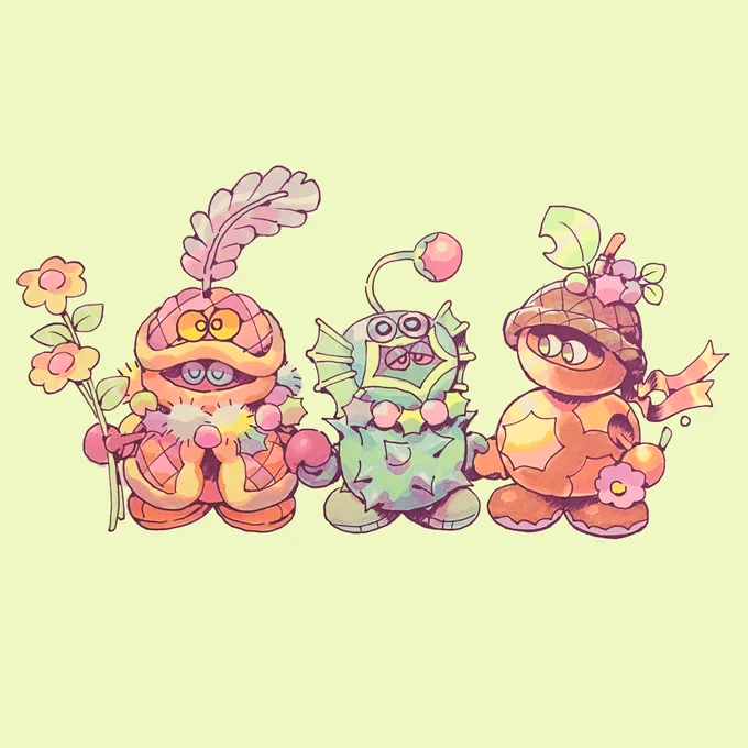 three round fellows in different, fantastical, garments are holding hands in friendship