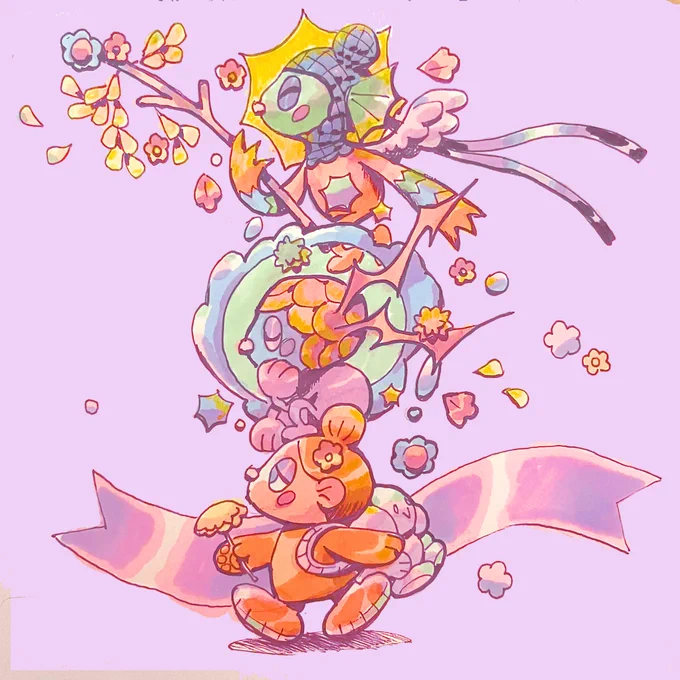 three characters stand atop each other while walking forward confidently
