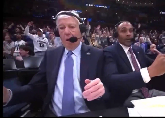 College basketball commentators looked shocked  reacting to a buzzer beater during March Madness. Image is used for a meme
