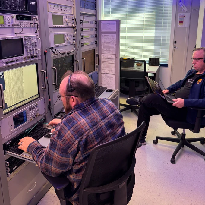 Warren Rexroad and Bryce Roberts in the Mission Operations Center of UC Berkeley's Space Sciences Lab tracking the Orion spacecraft.