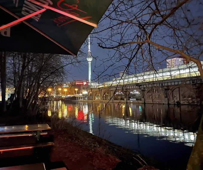 Berlin at night along the Spree river.
