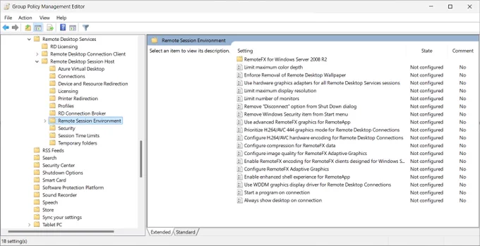 A screenshot showing the remote session environment options in the Group Policy editor.