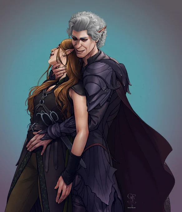 Painted illustration - Astarion from Baldur's Gate 3 (a high elf with a pale complexion, silver hair, and crimson eyes) wearing drow armor in shades of grey and black, as well as a dark cloak, embracing a female elf Tav from behind. She has a pale but blushing complexion, long, honey brown hair, and her eyes are shut as part of a deep smile. At her belt is an enormous pair of shears that functions as her primary weapon. Astarion's right hand is gently but possessively around her throat while his left hand is around her waist. The background is a low saturation gradient of blue and grey.