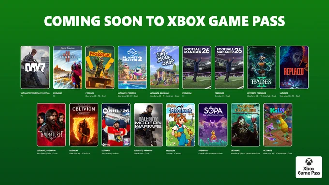 DayZ, Endless Legend 2, FBC Firebreak, Planet Coaster 2, Tiny Bookshop, Football Manager 26, Football Manager 26 Console, Hades II, Replaced, The Thaumaturge, Oblivion Remastered, EA Sports NHL26, Call of Duty: Modern Warfare, Little Rocket Lab, Sopa: Tale of the Stolen Potatoe, Vampire Crawlers, and Kiln are coming soon to Xbox Game Pass.
