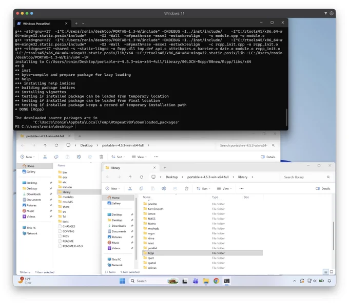 Windows 11 desktop showing three windows: a PowerShell terminal compiling the Rcpp package from source using g   from the bundled Rtools45 toolchain, a File Explorer window showing the portable-r-4.5.3-win-x64-full directory containing R files alongside an rtools45 folder, and a second Explorer window showing the library folder with Rcpp and other installed packages. 