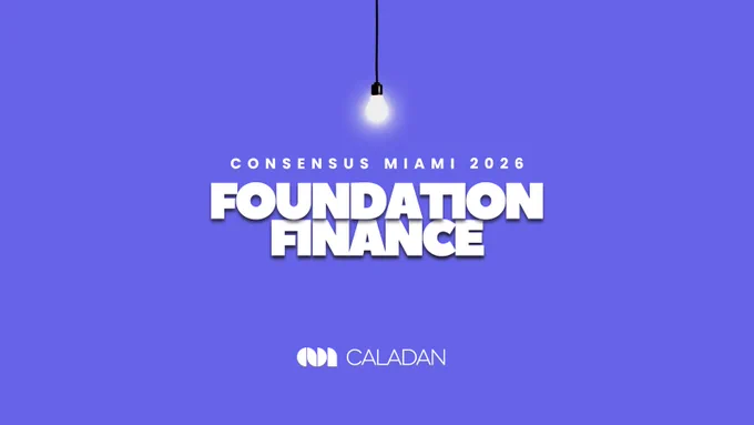Event details for Consensus Miami 2026, emphasizing Foundation Finance, sponsored by Caladan with a modern purple background.