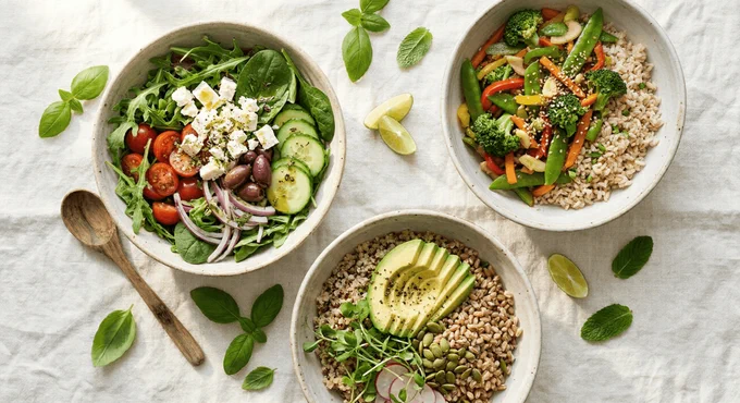 A high-angle flat lay of three healthy meals in ceramic bowls on white linen. It features a Mediterranean salad with feta and olives, a vegetable stir-fry with rice, and a grain bowl topped with sliced avocado and microgreens, accented by fresh herbs and lime wedges in soft morning light.