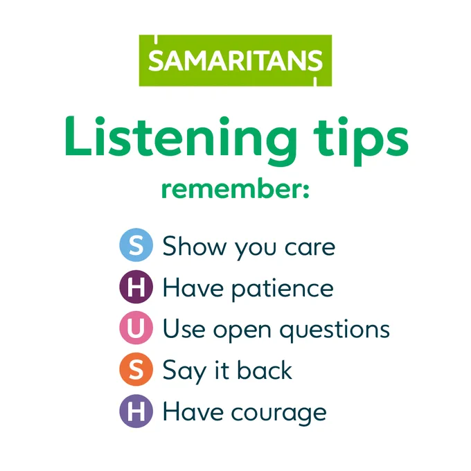Image is a white box with the words "Samaritans listening tips. Remember: Show you care, have patience, use open questions, say it back and have courage."