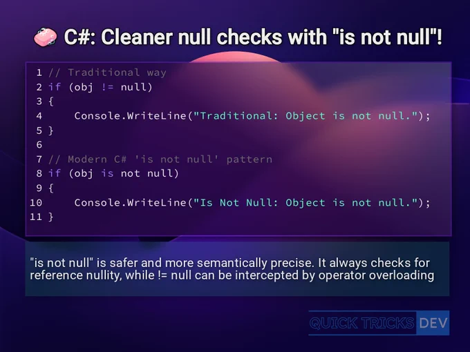 A coding trick demonstrating C# null checks. Title: "C#: Cleaner null checks with 'is not null'!" The image displays two code examples. The "Traditional way" uses `if (obj != null)` to check for non-null objects, followed by a `Console.WriteLine` statement. The "Modern C# 'is not null' pattern" uses `if (obj is not null)` for the same check, also followed by a `Console.WriteLine`. Below the code, a text explanation states: "'is not null' is safer and more semantically precise. It always checks for reference nullity, while != null can be intercepted by operator overloading." The code is on a dark purple gradient background, and the explanation is on a light green background. 