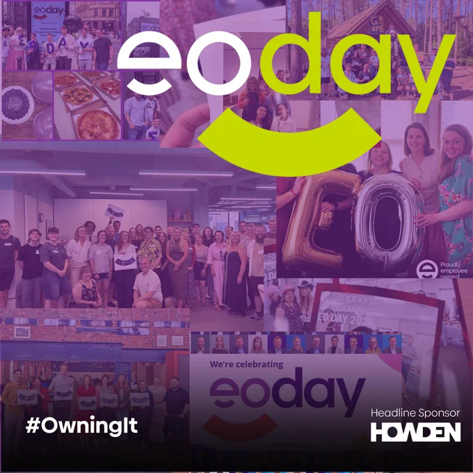 A collage of professionals posting with EO Day props. It's overlaid with a purple wash and the EO Day logo. Along the bottom is the text '#OwningIt' and the logo for headline sponsor Howden