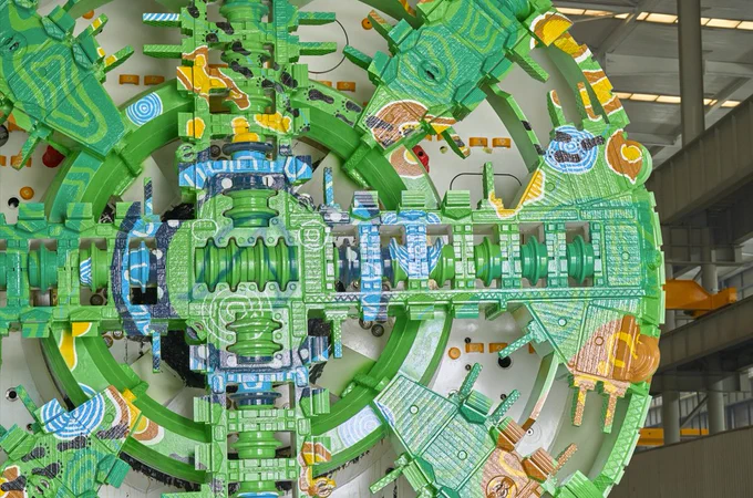 A close-up view of a green and colorful tunnel boring machine. The machine has intricate mechanical details and is surrounded by a background of industrial structures.