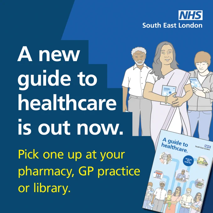 Illustration of people holding the guide to healthcare. Text says ‘A new guide to healthcare is out now. Pick one up at your pharmacy, GP practice or library.’