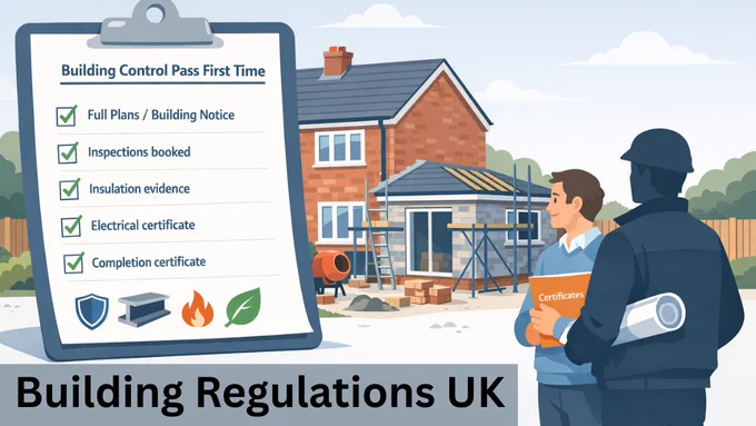 Illustration of a UK homeowner and building inspector reviewing a rear extension project on a semi-detached house, with a visible checklist titled “Building Control Pass First Time”, including key steps for complying with Building Regulations UK.
