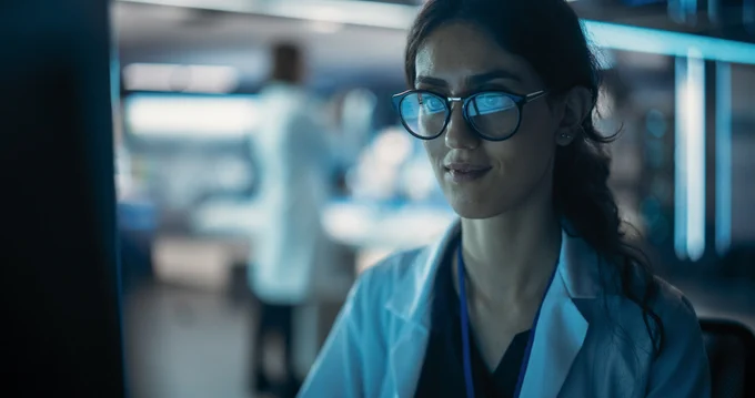 A close-up, side-profile photograph of a female scientist wearing glasses and a white laboratory coat. She is looking intently at a computer screen in a dimly lit, modern laboratory. Reflection from the digital data on the screen is visible on the lenses of her glasses. The background is softly blurred, showing other laboratory staff in white coats working in a clinical environment.