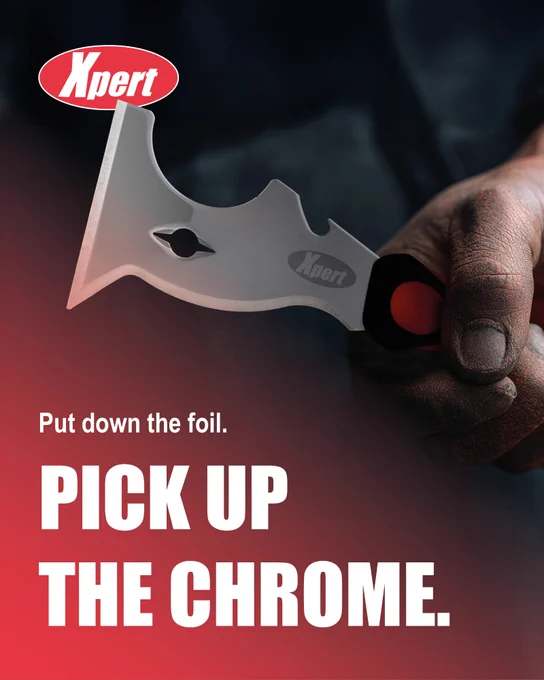 Close-up of a hand holding a chrome Xpert 10-in-1 tool with a red and black handle, accompanied by bold text urging people to 'pick up the chrome'.