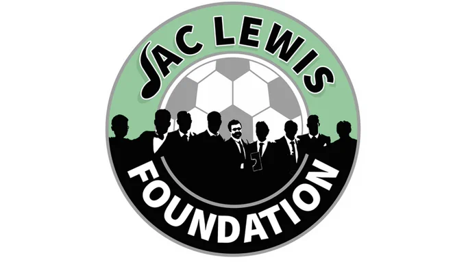 Logo of Jac Lewis Foundation featuring silhouettes of people in suits in front of a soccer ball on a green and black circular background.