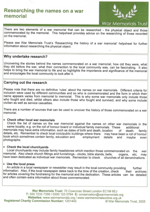Researching the names on a war memorial helpsheet