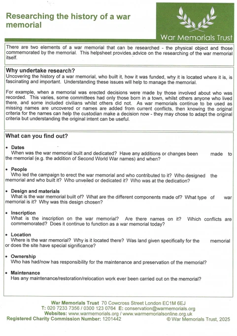 Researching the history of a war memorial helpsheet