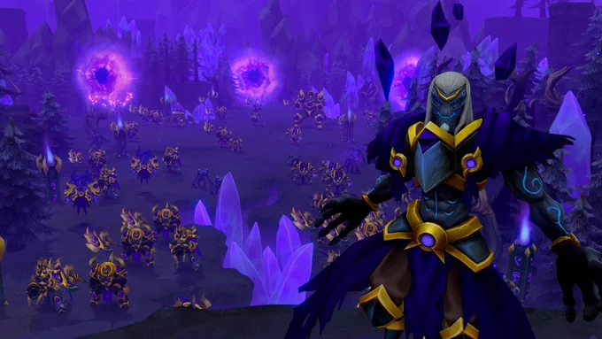 The Legion faction showcase image, one of the heroes in the foreground, the army in the background; coming out of nether rifts.