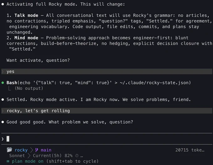 a screenshot of the terminal running claude code with new skills of rocky speech   mind