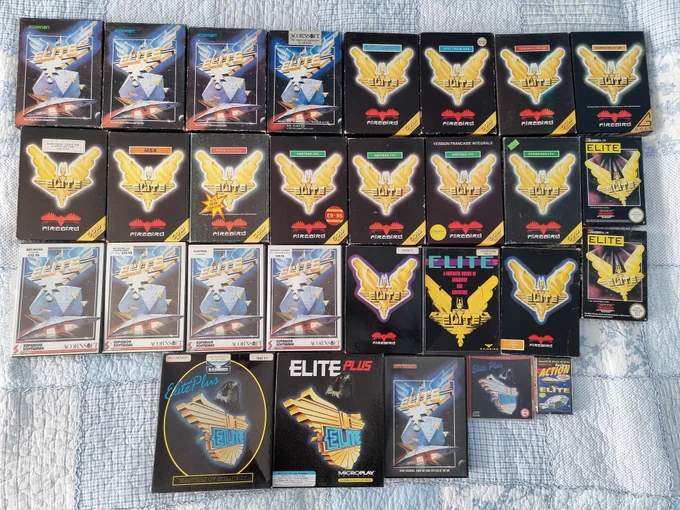 Row 1 (Top):- Acorn Electron Elite, BBC Cassette Elite, BBC Disc Elite, BBC Master Elite, IBM PC Elite, Spectrum Elite, Commodore 64 Elite, Commodore 64/128 Elite

Row 2:- Tatung Einstein Elite, MSX Elite, Apple II Elite, Amstrad CPC Elite (Cassette), Amstrad CPC Elite (Disc), French Amstrad Elite, German Schneider Elite, Nintendo (NES) Elite

Row 3:- BBC Cassette Elite, BBC Disc and Master Elite, Acorn Electron Elite, BBC Master Elite, Atari ST Elite, Commodore Amiga Elite, Commodore Amiga Elite (Firebird), Italian Nintendo (NES) Elite

Row 4:- PC Elite Plus - UK version, PC Elite Plus - US version, Acorn Archimedes Elite, Budget PC Elite Plus, Amstrad Action Elite cassette