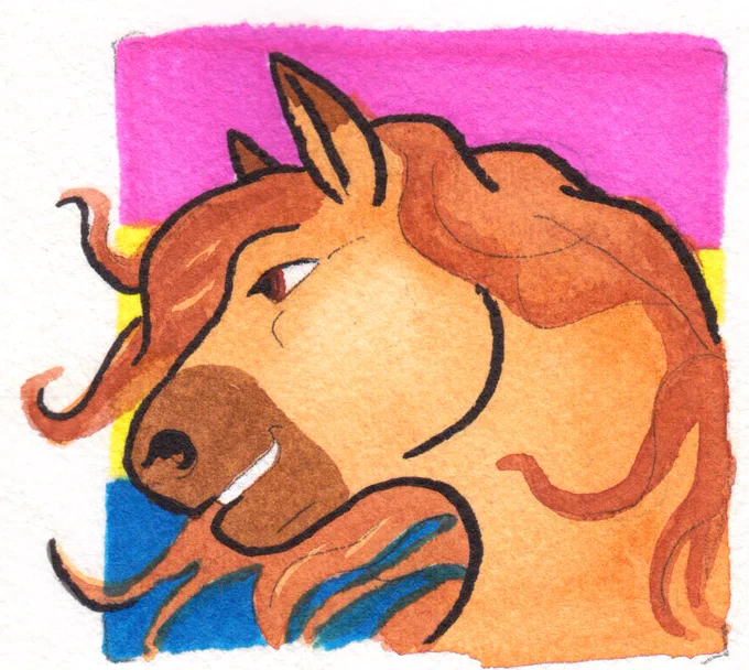 Portread pen ac ysgwyddau o geffyl anthropomorffig sy'n gwenu.