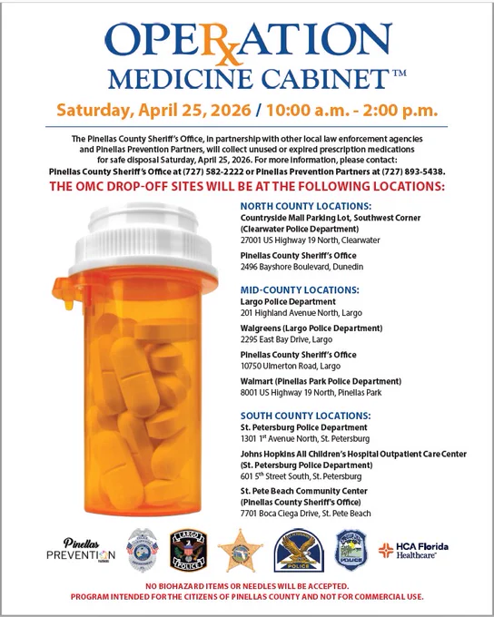 This image shows a white capped, orange colored, plastic, cylinder pill container with  coated tablets inside. Information about Operation Medicine Cabinet and a list of drop-off locations in Pinellas County for unwanted drugs are adjacent to the pill bottle.  