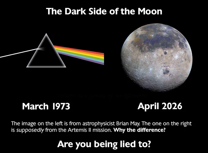 A picture of a prism from the Oink Floyd Dark Side of the Moon and the actual moon. Test reads: The Dark Side of the Moon. 1973 & 2026. Are you being lied to?