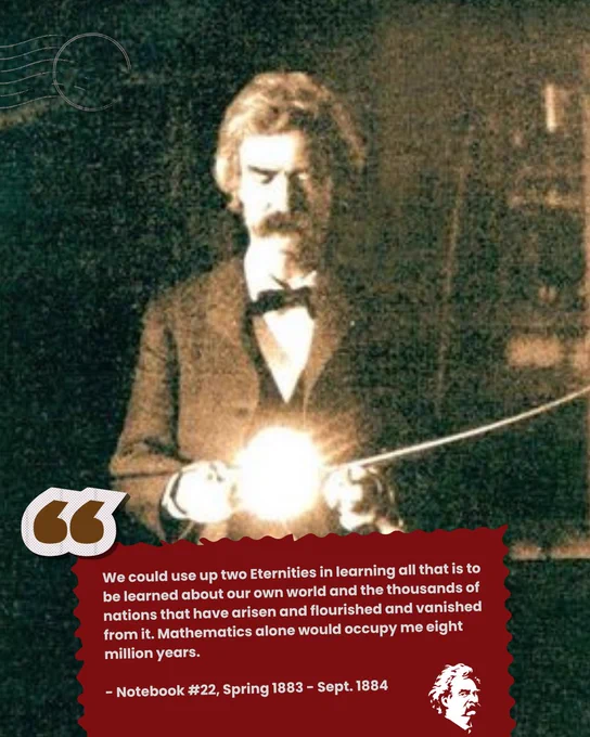 A Mark Twain graphic with a quote and a photograph of Twain in Tesla's lab.