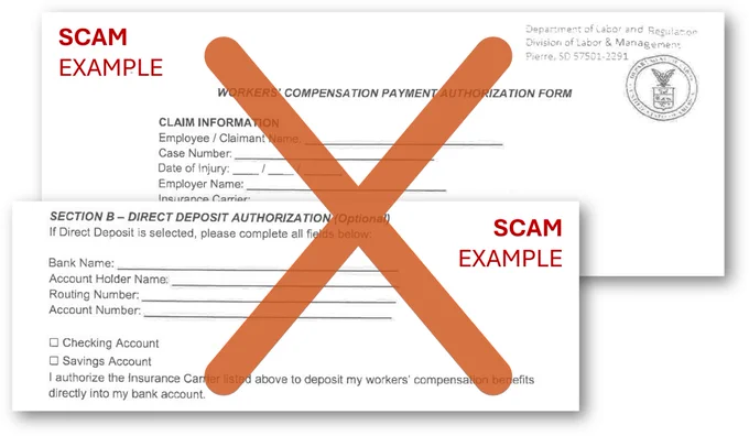 A workers' compensation payment authorization form overlaid with large 'SCAM EXAMPLE' labels and an orange X.