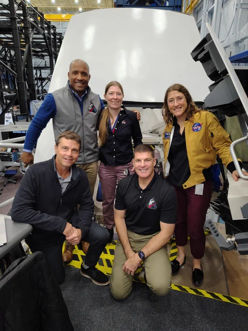 Group of four astronauts of the Artemis Two crew with the two photographers who trained them  