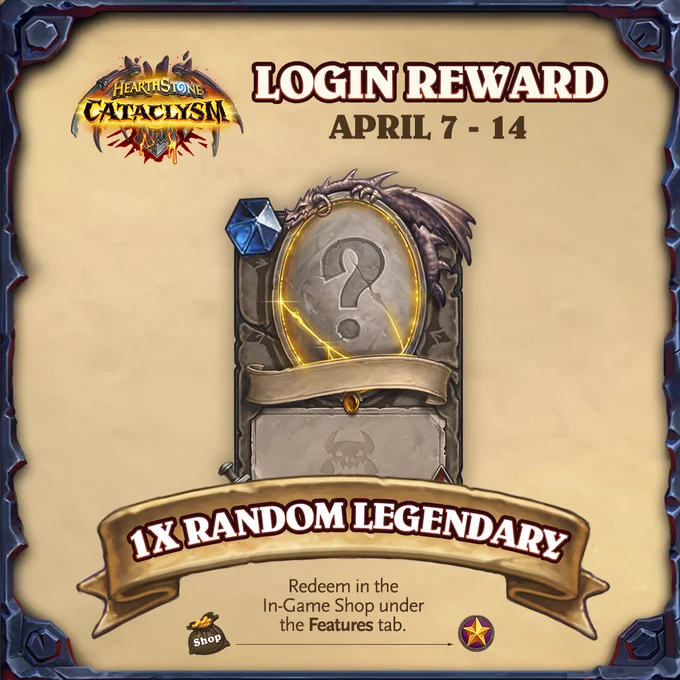 Hearthstone Cataclysm login reward promo showing that players can claim one random Legendary card by logging in between April 7 and 14.