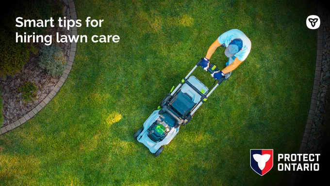 person mowing the lawn. Text: Smart tips for hiring lawn care