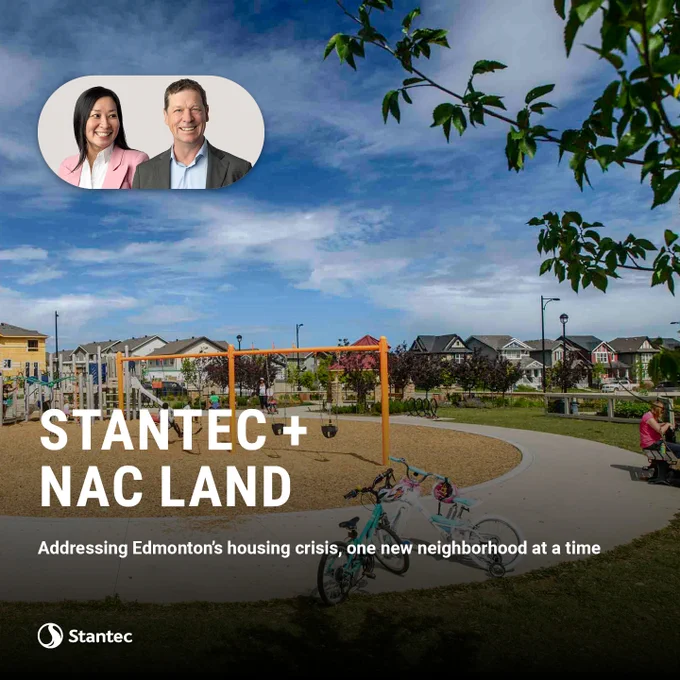 Playground with swings and bikes in a sunny suburban neighborhood addressing Edmonton's housing crisis.