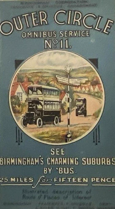 Front cover of a guide. Title at the top reads  -  Outer Circle Omnibus Service, No.11. Beneath this is a circle with an illustration of two buses travelling down a rural road with a signpost on the right. Below this is more text including the distance of the route and the cost to travel. 