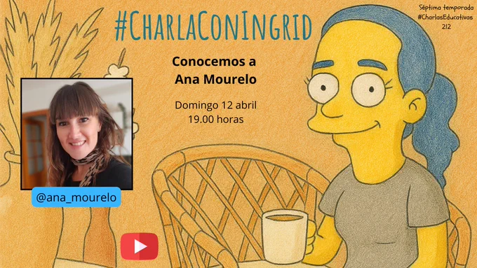 Cartel de la charla, foto de perfil de la invitada, título (conocemos a Ana Mourelo), día y hora. Domingo 12 a las 19.00 horas.
