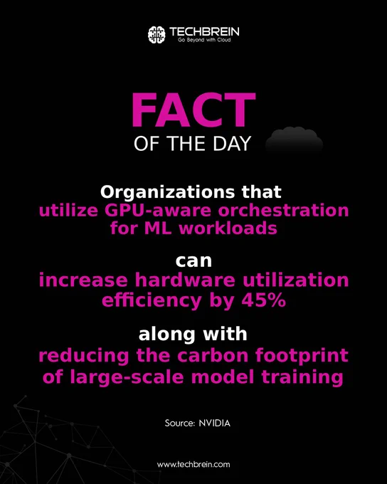 Inefficient GPU utilization doesn’t just slow AI - it disrupts your MLOps efficiency.

Organizations leveraging GPU-aware orchestration for ML workloads can improve hardware utilization by up to 45% while reducing environmental impact.

MLOps (Machine Learning Operations) enables organizations to streamline the entire ML lifecycle - from deployment to optimization
- ensuring scalable, reliable, and cost-efficient AI operations.

At TechBrein, we help businesses optimize MLOps with intelligent resource orchestration, DevOps automation,
and 24×7 CloudOps -driving faster model training, lower costs, and sustainable AI growth.
#MLOps #MachineLearning #GPUOptimization #TechBrein