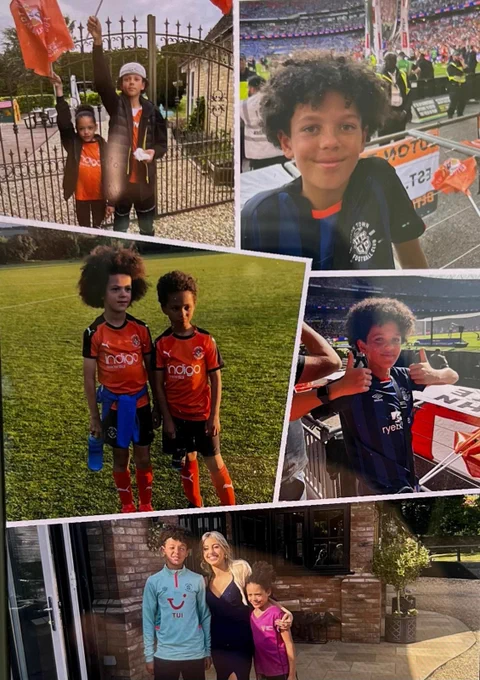 A collage of images of Noah as a Luton fan in kit and attending a number of Luton games.