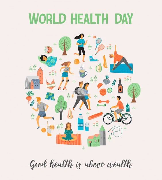 Illustration celebrating World Health Day with diverse people exercising, meditating, cycling, and healthy foods arranged in a circular pattern.