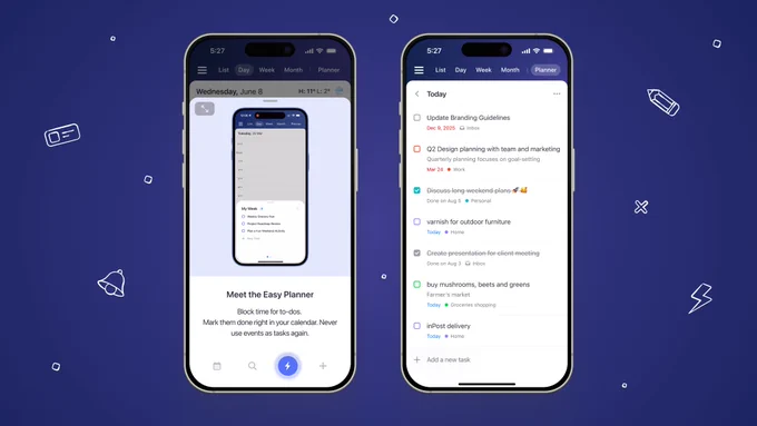 Two iPhones on a blue background displaying a calendar app’s Easy Planner feature—one screen shows a weekly calendar with a task panel, and the other shows a task list with checkboxes integrated into the calendar.