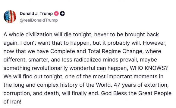 Trump Truth Social post warning Iran ahead of 8pm ET deadline.