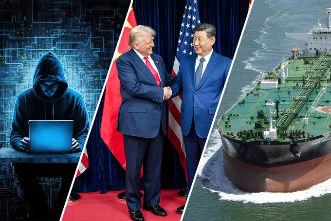 Tanker - Image by Gerhard Traschütz from Pixabay; Trump and Xi - Official White House Photo by Daniel Torok (US Government Work)
