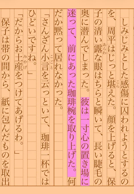 彼は一寸心の置き場に迷って、前にあった珈琲椀を取り上げた。