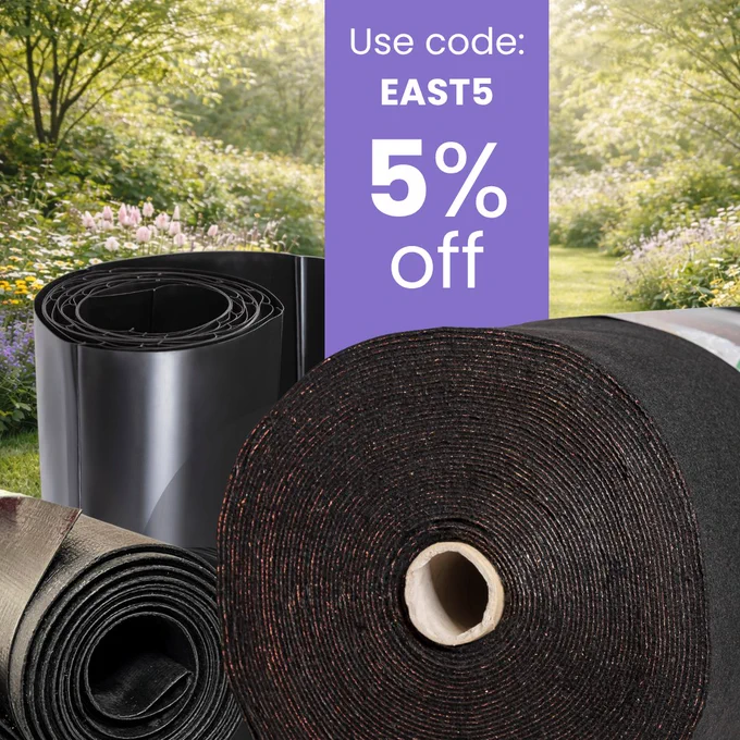 Rolls of CuTex, ReRoot and FlexiRoot in the foreground against a spring garden background. Image includes the text: Use code: EAST5 / 5% off