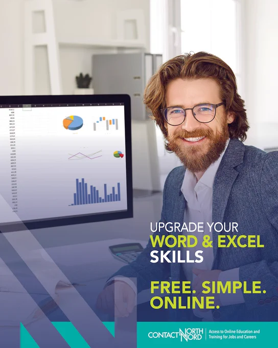 Person working on a computer displaying charts and graphs, promoting free online Word and Excel skills upgrade.